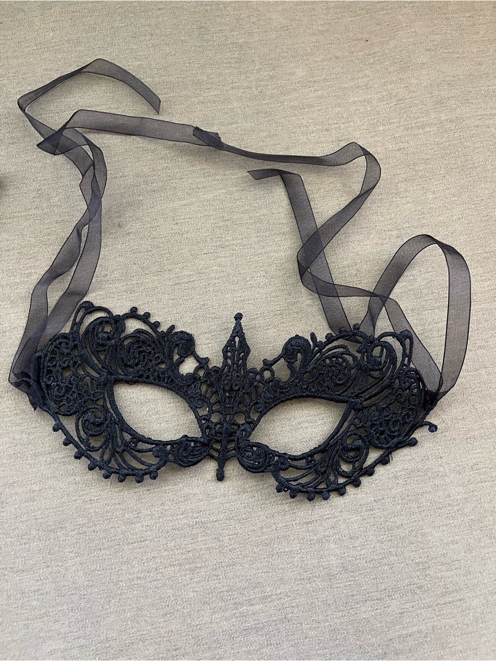Black Lace Venetian Eye Mask with Sheer Ribbon Ties